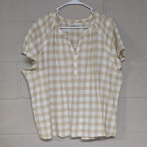 Women's Sonoma Plaid Gingham Flutter Sleeve Y Neck Neutral Top Size XXL - Picture 3 of 5